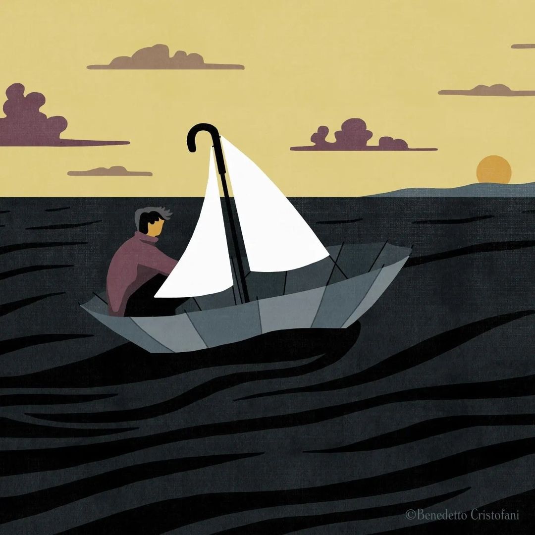 Illustration of a man sailing on dark water in a boat crafted from an umbrella, featuring a sail, with a sunset and cloudy sky.
