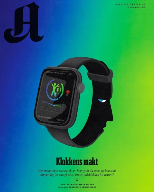 Magazine cover featuring a smartwatch displaying health data next to a silhouette of a human head, set against a gradient background.