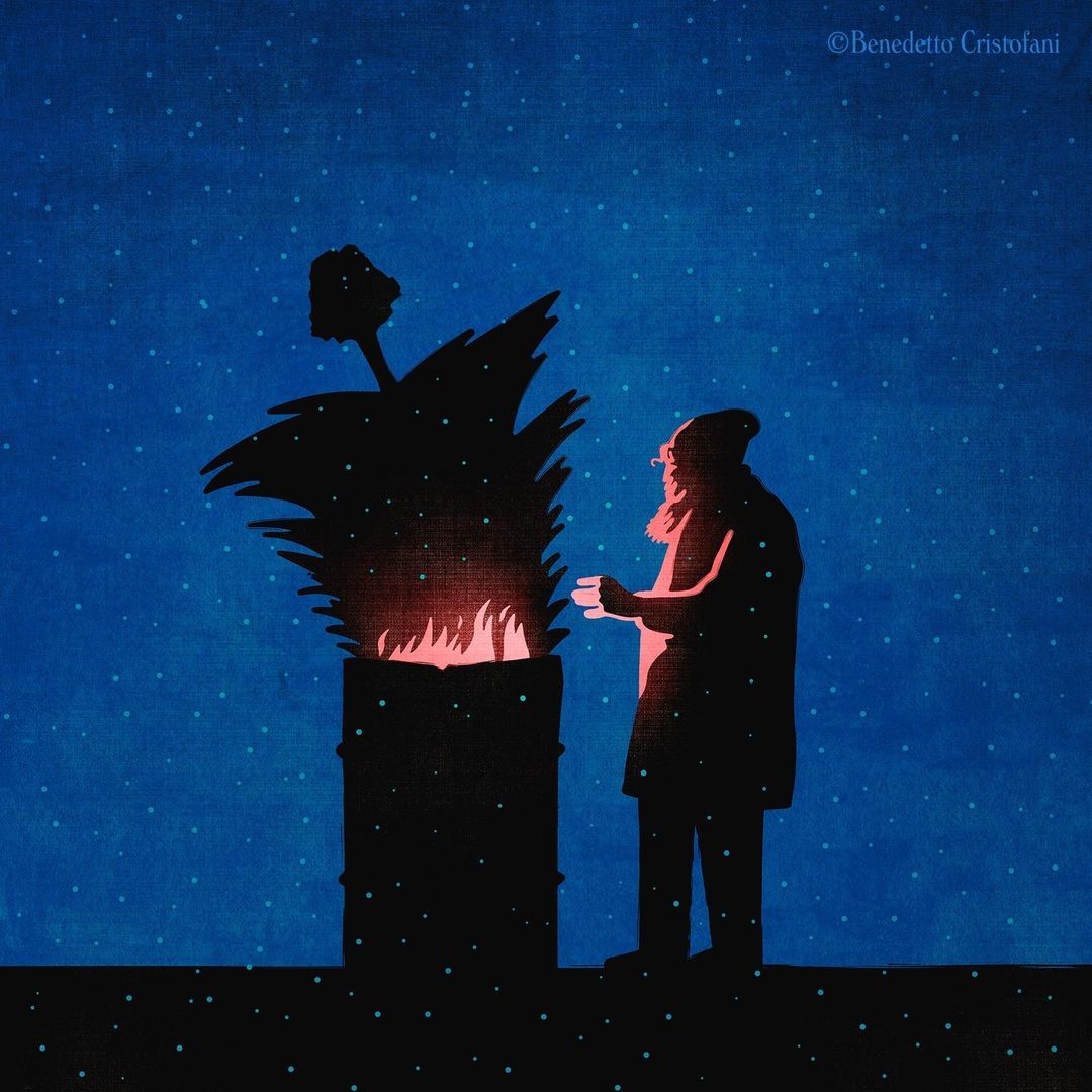 Illustration of an adult man standing next to a barrel with fire, set against a blue night sky with stars; digital illustration.