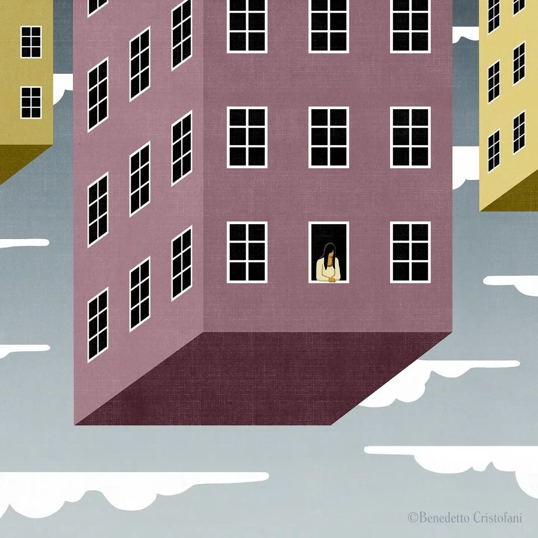 Illustration of a woman looking out a window in a tall building, with other buildings and clouds in the background, in a square format.