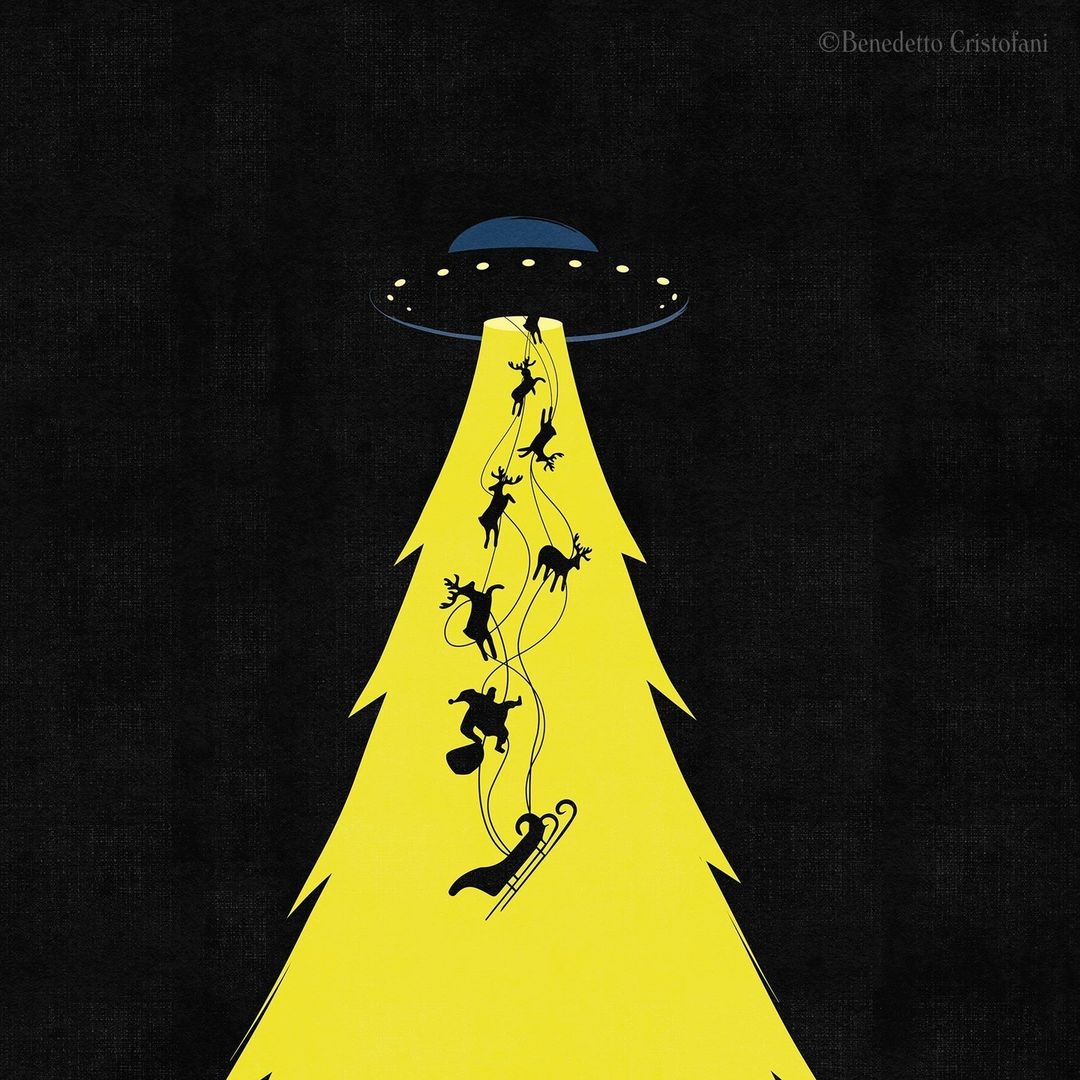 Illustration of a flying saucer UFO abducting Santa Claus and reindeers with a beam of light in the shape of a Christmas tree.