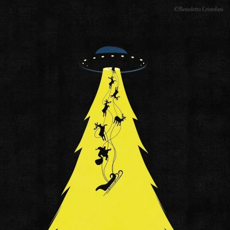 Illustration of a flying saucer UFO abducting Santa Claus and reindeers with a beam of light in the shape of a Christmas tree.