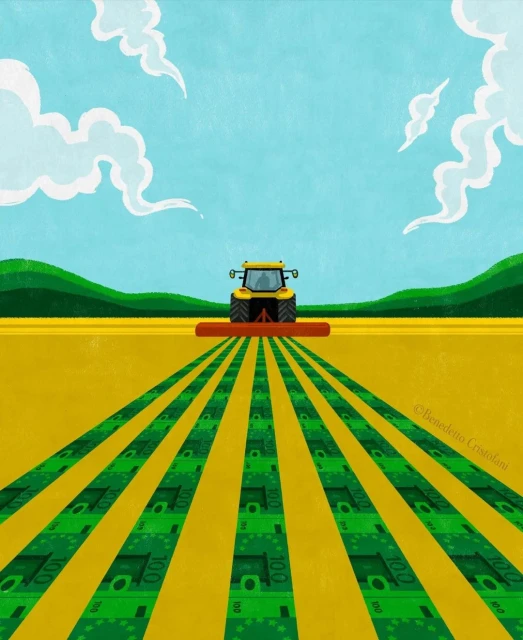 Illustration of a yellow tractor on a yellow field with rows of green money, against a blue sky with clouds, symbolizing finance in farming.