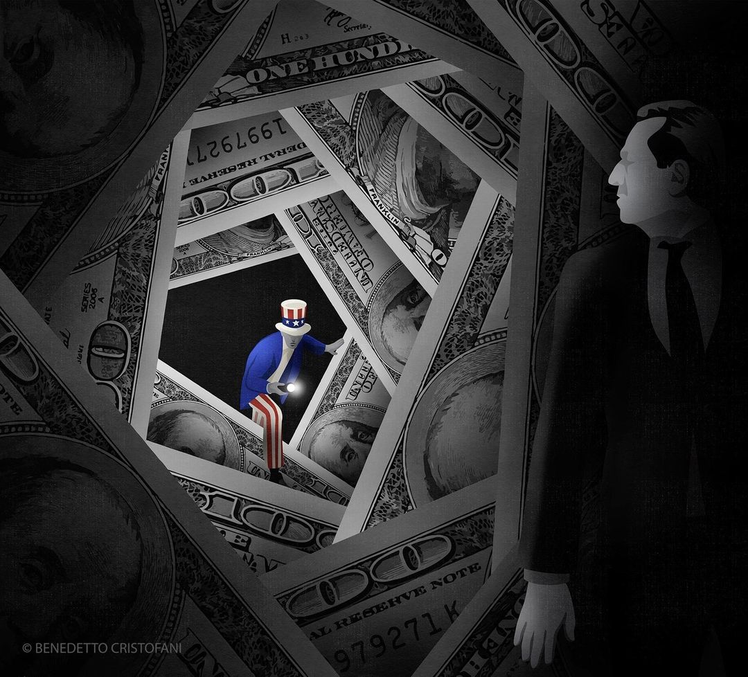 Illustration of Uncle Sam holding a flashlight inside a tunnel made of US currency, with a man in a suit looking on from the side.