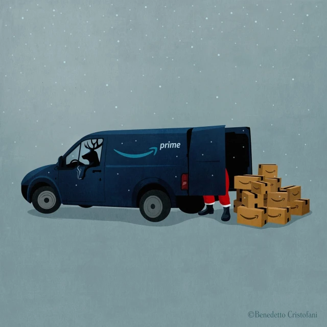 Illustration of a delivery van with an Amazon Prime logo, a reindeer in the driver's seat, and Santa Claus unloading smiling package boxes.
