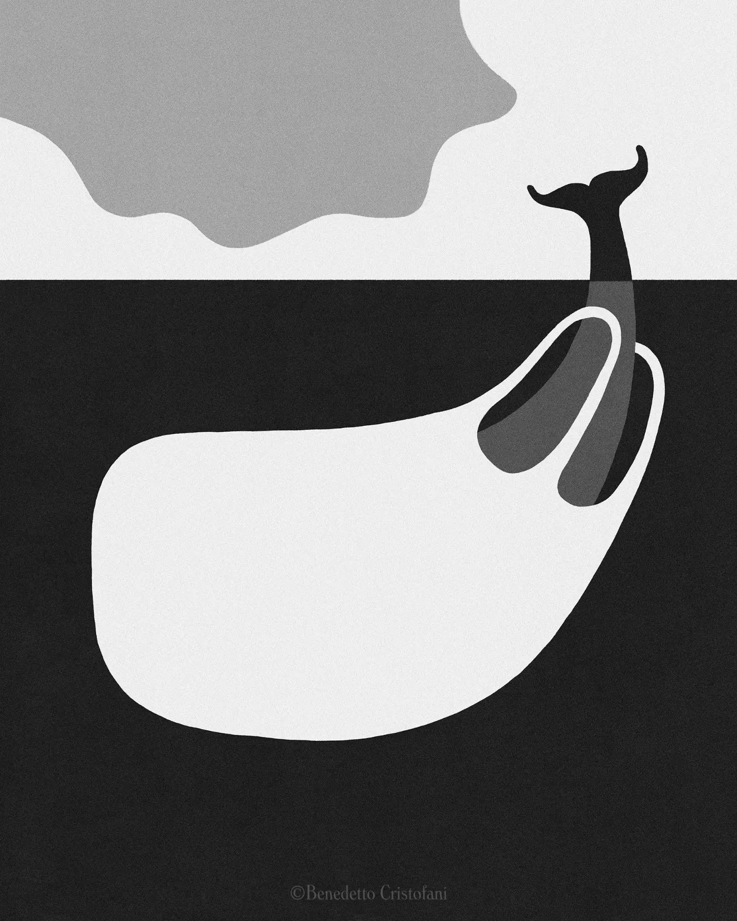 Monochromatic illustration features a stylized whale, with its tail above the water line, set against a minimal ocean and sky backdrop.