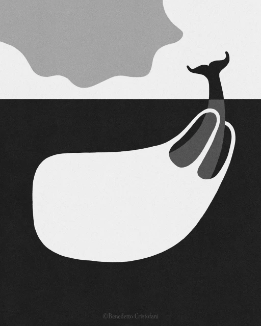 Monochromatic illustration features a stylized whale, with its tail above the water line, set against a minimal ocean and sky backdrop.