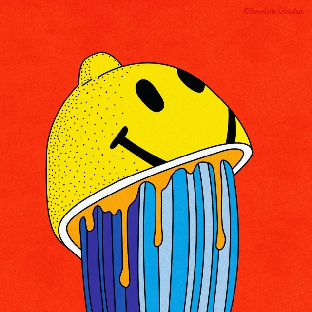 Whimsical graphic art: sliced lemon with a smiley face drips blue juice on a vibrant orange background, cartoon style illustration.
