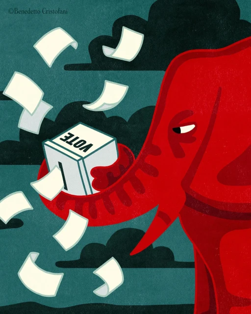Illustration of a red elephant holding a ballot box with falling white paper slips against a teal background with shadowy clouds.