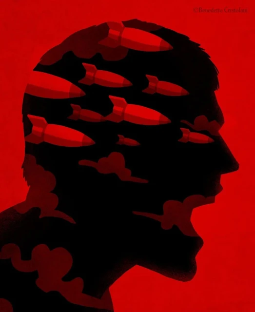 Illustration of a black human head silhouette filled with red missiles and storm clouds on a red background, conveying conflict.