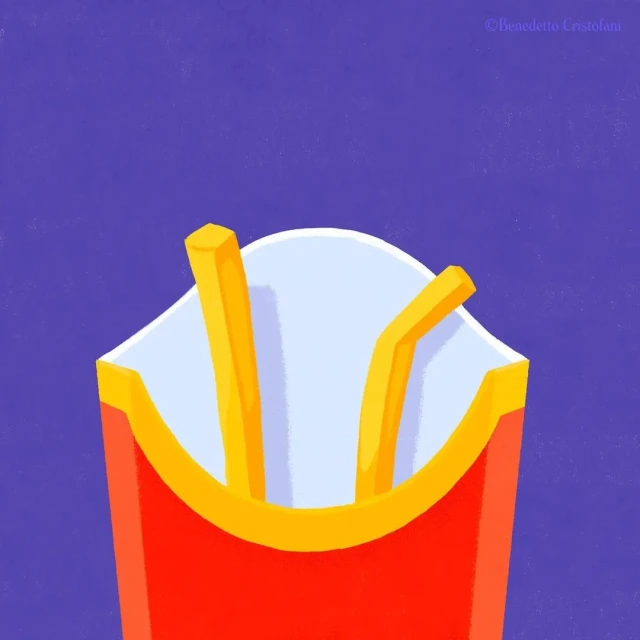 Illustration of french fries in a red container with a yellow trim against a purple background, art by Benedetto Cristofani.