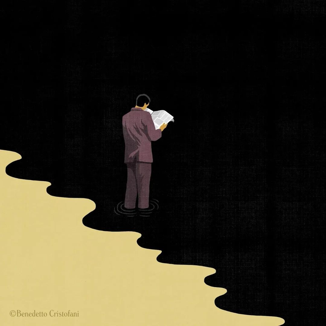 Illustration of a man standing in shallow water reading a newspaper or book, rendered in shades of tan, brown, and black.