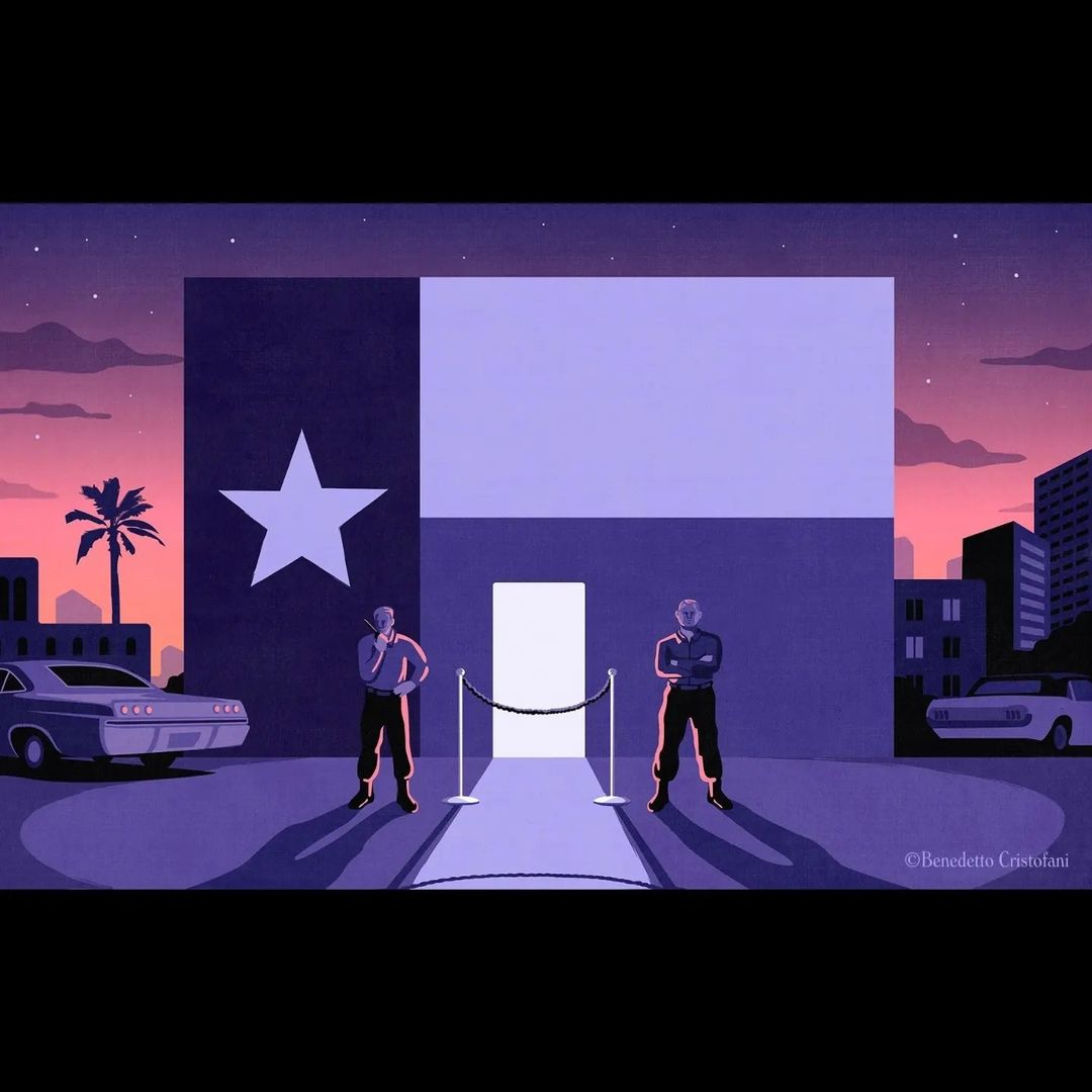Illustration of a Texas-themed nightclub entrance with security, classic cars, and a backdrop featuring the state flag at sunset.