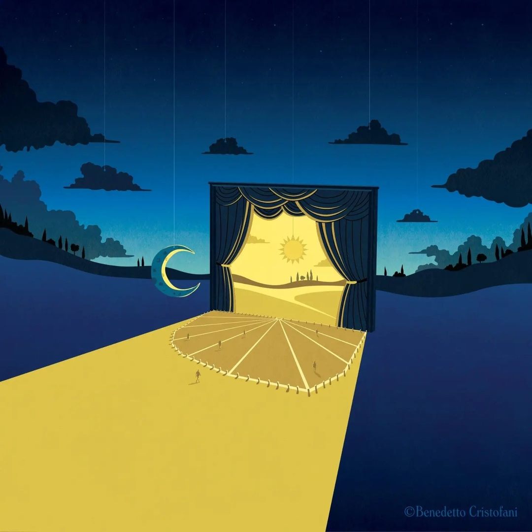Illustration of a blue stage and curtains revealing a golden landscape with a sun, city skyline, and desert with a hanging crescent moon.