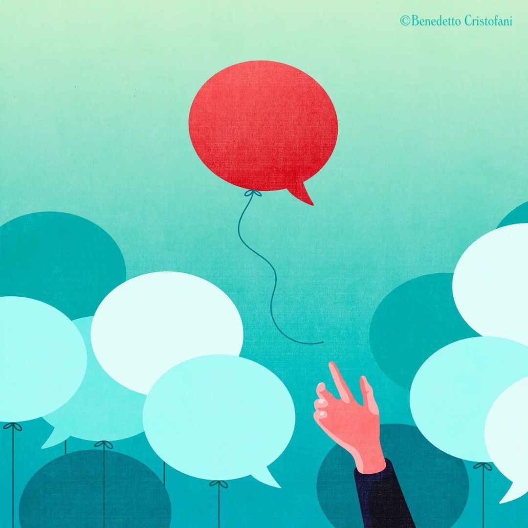 Illustration of a red speech bubble balloon floating above a hand reaching for it, surrounded by blue and white speech bubble balloons.
