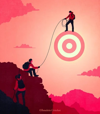 Illustration depicting three people climbing a red-toned mountain toward a target, with one person at the summit holding a rope.