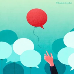 Illustration by Benedetto Cristofani featuring a hand reaching toward a floating red speech bubble balloon among teal and white speech bubbles.