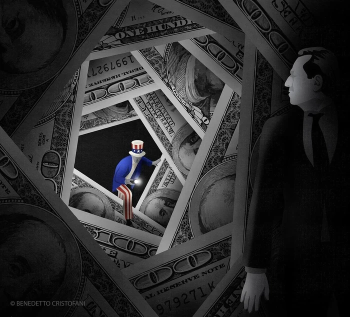Illustration by Benedetto Cristofani featuring a man looking into a tunnel formed by one hundred dollar bills toward a tiny Uncle Sam figure.