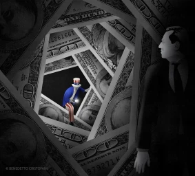 Illustration by Benedetto Cristofani featuring a man looking into a tunnel formed by one hundred dollar bills toward a tiny Uncle Sam figure.