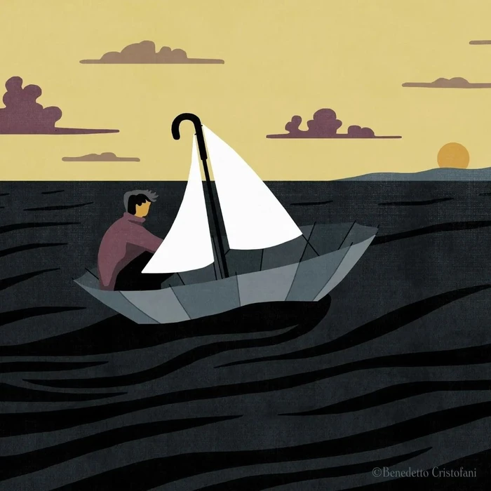 Illustration of a person sitting inside an upside-down umbrella sailing on dark textured water under a yellow sky.