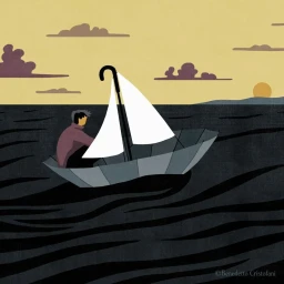 Illustration of a person sitting inside an upside-down umbrella sailing on dark textured water under a yellow sky.