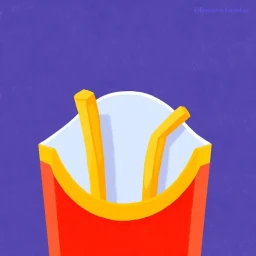 Illustration of a red and yellow carton holding just two french fries against a solid purple background