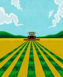 Illustration of a yellow tractor harvesting fields with rows of green banknotes under a blue sky with white clouds.