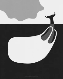 Minimalist monochrome illustration of a whale tail breaking the water surface by Benedetto Cristofani