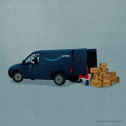 Digital illustration of a delivery van in snow with a deer driving and Santa unloading boxes