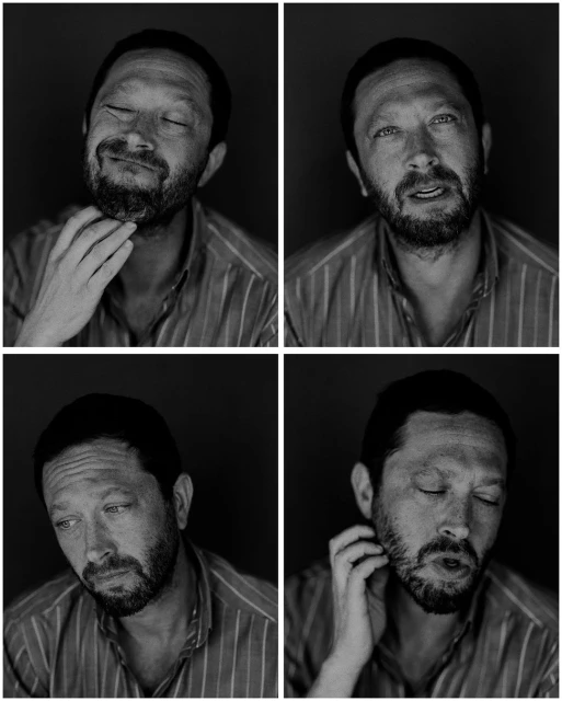 Black and white portrait collage of a man with a beard in a striped shirt, showing a range of expressions and hand gestures.