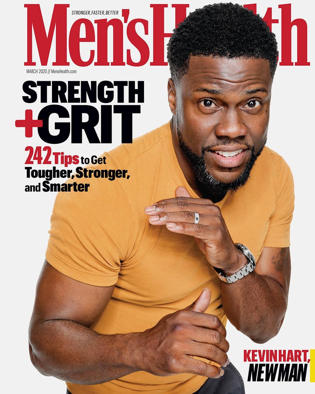 Men's Health magazine cover featuring Kevin Hart in a close-up shot, wearing a yellow t-shirt, against a white background. The cover promotes health and fitness.