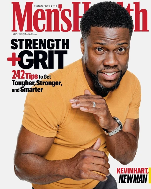 Men's Health magazine cover featuring Kevin Hart in a close-up shot, wearing a yellow t-shirt, against a white background. The cover promotes health and fitness.