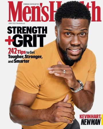 Men's Health magazine cover featuring Kevin Hart in a close-up shot, wearing a yellow t-shirt, against a white background. The cover promotes health and fitness.