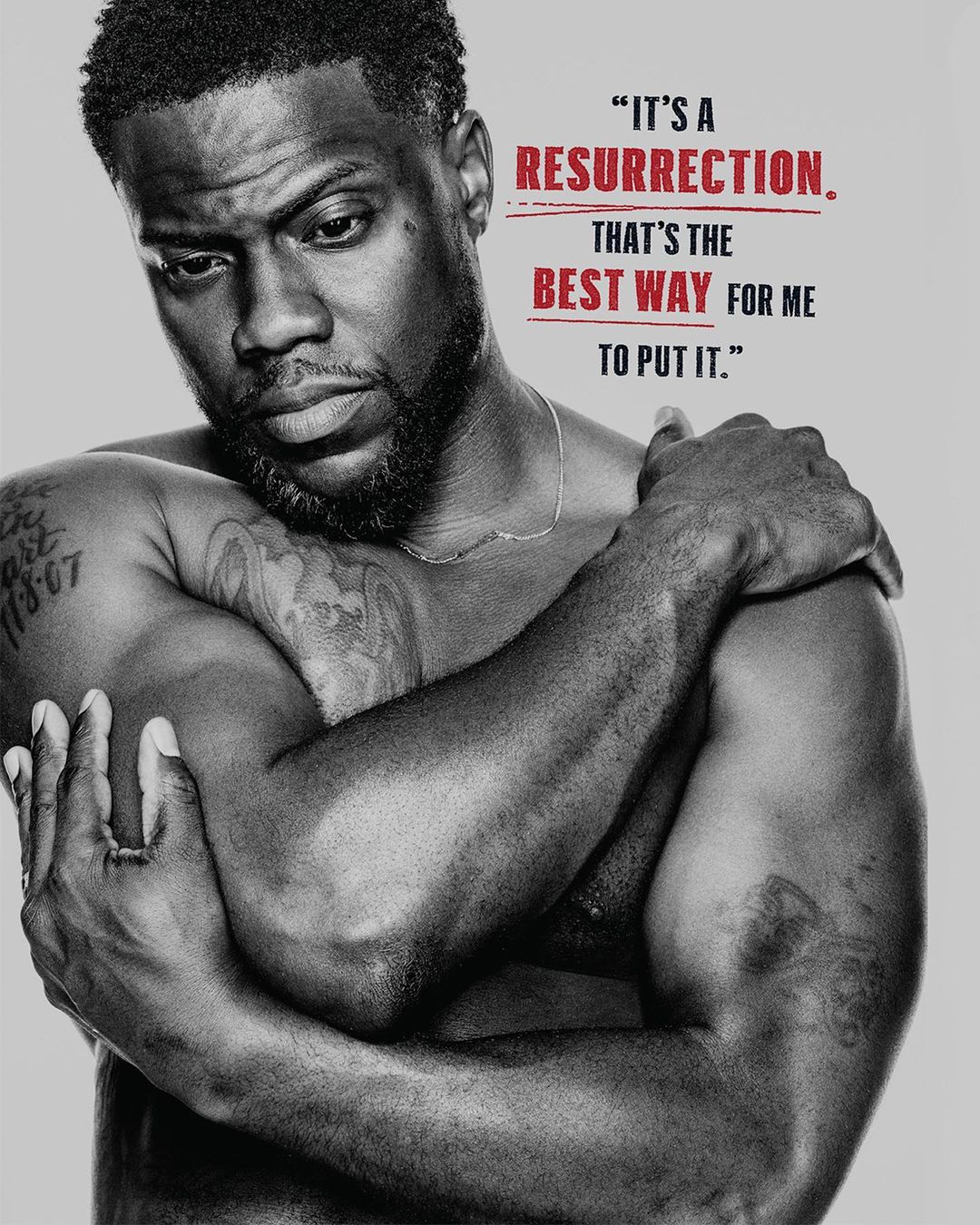 Black and white portrait of adult male, Kevin Hart, arms crossed, posing in a photo studio with quote about resurrection.