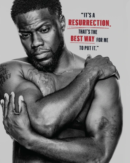 Black and white portrait of adult male, Kevin Hart, arms crossed, posing in a photo studio with quote about resurrection.