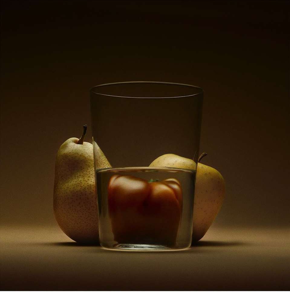 Still life food photography featuring a tomato submerged in a glass of water, flanked by two ripe pears in a studio setting.