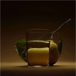 A glass of water containing an apple, with a fresh lemon and branch with green leaves behind it against a dark background.