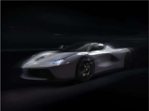 Sleek white Ferrari LaFerrari supercar speeding against a dark background, showcasing its aerodynamics and high-performance design.