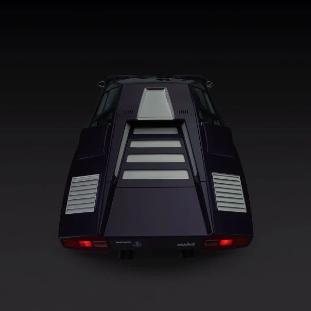 Rear view of a purple Lamborghini Countach with silver trim against a dark background, highlighting its angular design and taillights.