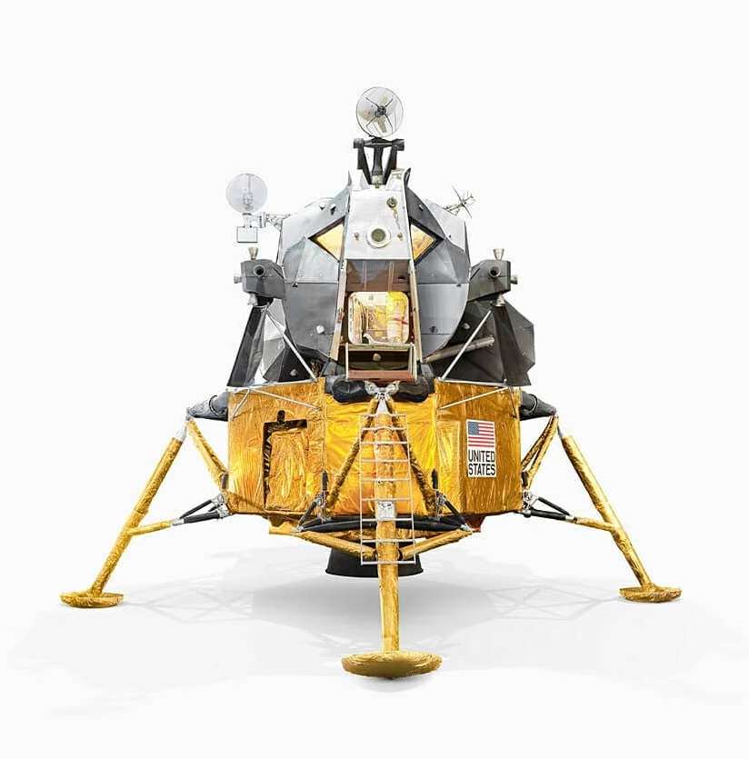 Apollo Lunar Module isolated on white. Space exploration technology, mission to the moon, and NASA spacecraft for planetary landing.