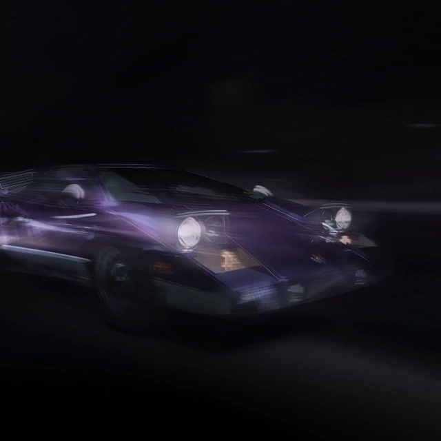 Close-up of a purple vintage car with headlights on against a dark background, showcasing automotive design and motion.
