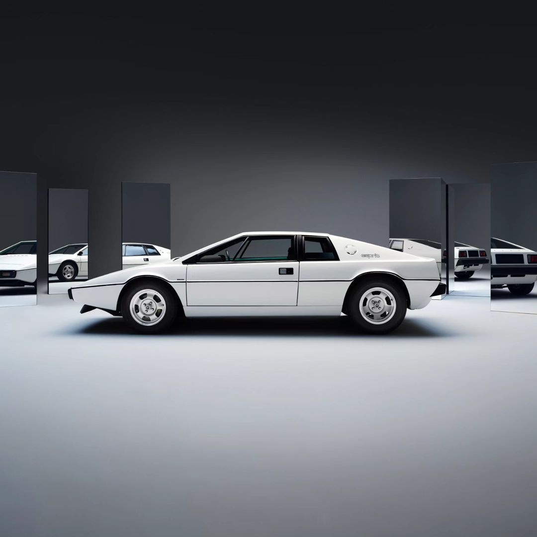 White Lotus Esprit car in studio setting with a gray background and reflective panels showing multiple perspectives of the vehicle.