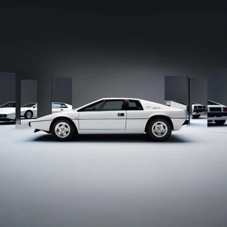 White Lotus Esprit car in studio setting with a gray background and reflective panels showing multiple perspectives of the vehicle.
