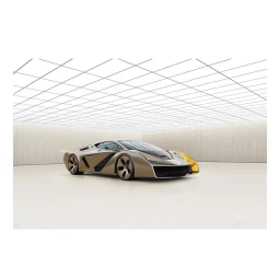 Sleek metallic sports car parked inside a modern minimalist white showroom with a gridded ceiling by Benedict Redgrove.