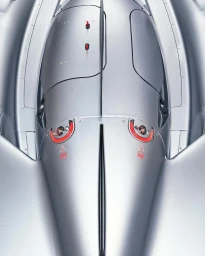 Overhead studio shot of a sleek silver vehicle body with red details by photographer Benedict Redgrove