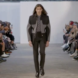 Model with long dark hair walking down a runway wearing a structured two-tone jacket and black trousers