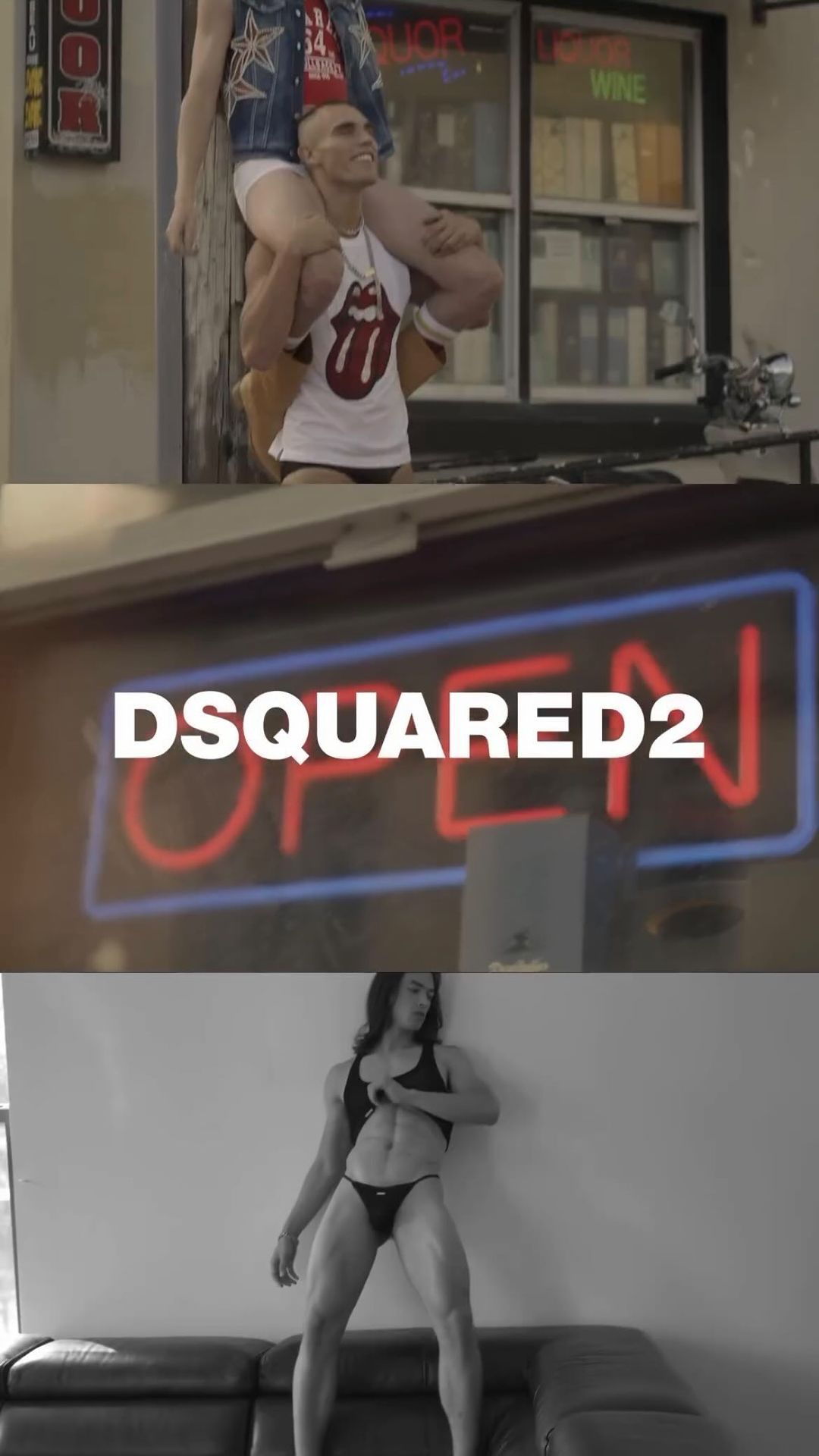 A montage showing a man carrying a woman on his shoulders in front of a storefront and a woman posing in a black bikini.