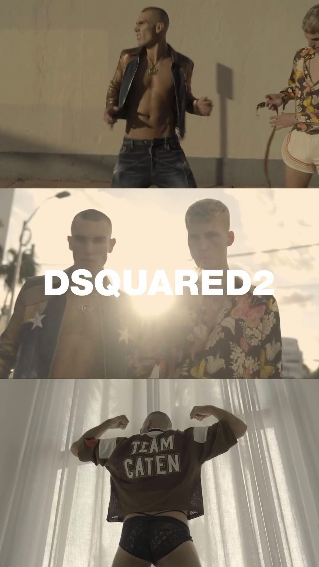 Collage of male fashion models in a video ad campaign, showcasing clothing against urban, curtained, and sunlit settings.