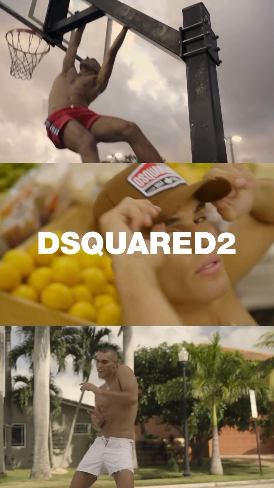 Shirtless adult male performs gymnastics moves on a basketball hoop and poses in a tropical outdoor environment. Dsquared2 logo text.