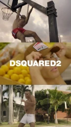 Three-panel vertical composite showing a shirtless man hanging from a basketball hoop, wearing a brown cap, and dancing outdoors.
